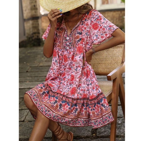 Floral Print Pink Red Flowy Loose Fitting Short Sleeve Mini Dress Neck Ties - Picture 6 of 16